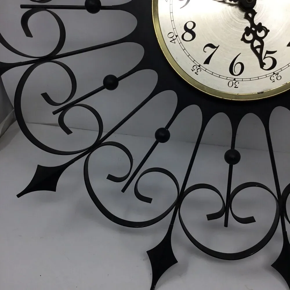 Elgin Mid Century Modern Black Wrought Iron Vintage Starburst Clock (working)